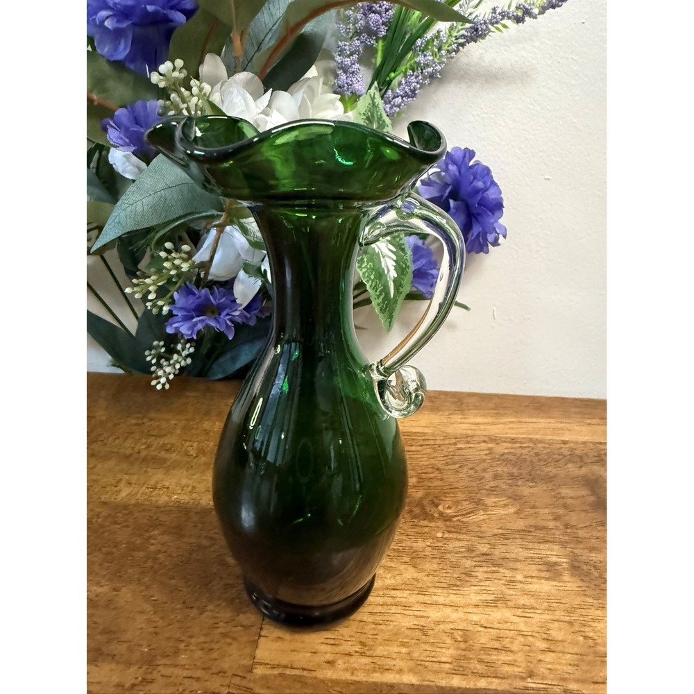 Vintage Green Glass Handled‎ Pitcher Vase with Ruffled Rim Hand Blown Art Glass